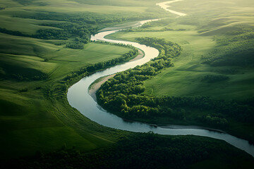 Fototapeta premium Meandering river flowing through lush green valleys, representing the beauty of nature and peaceful landscapes