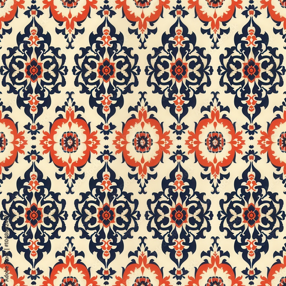 Poster this colorful fabric showcases a stunning decorative pattern with floral motifs, combining navy blue