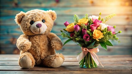 Obraz premium Teddy bear holding a bouquet of flowers