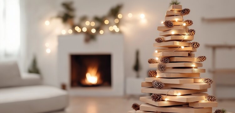 A minimalist Christmas tree made entirely of stacked wooden planks, decorated with small string lights and natural pinecones. 