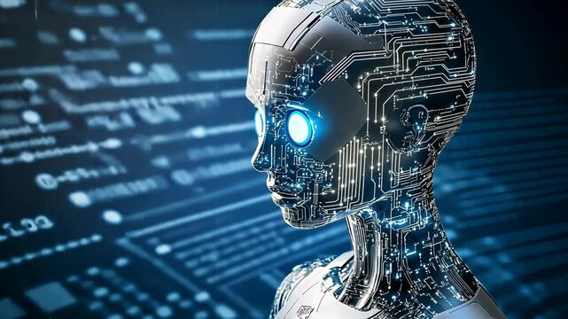 A metallic robot with glowing blue eyes gazes forward against a backdrop of binary code, symbolizing the advancement of artificial intelligence