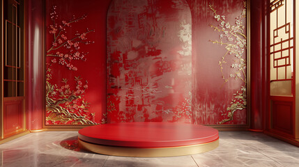 Luxury Elegant Chinese Style Podium with Red and Gold Background for Product Display