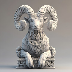 Fototapeta premium A powerful ram symbol representing the Aries zodiac, with strong, curled horns and a determined expression, embodying courage, energy, and leadership under the vibrant spring sky.