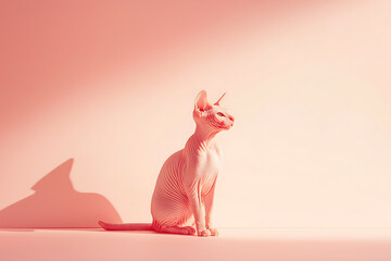 Sphynx cat under vibrant coral lighting, giving a surreal and modern feel