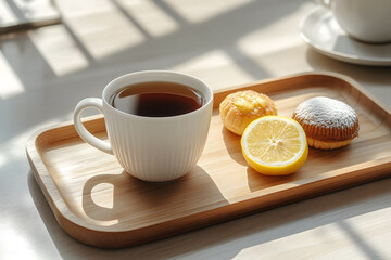 Cup of tea with lemon and pastry on a wooden tray in soft morning light, capturing warmth and simplicity