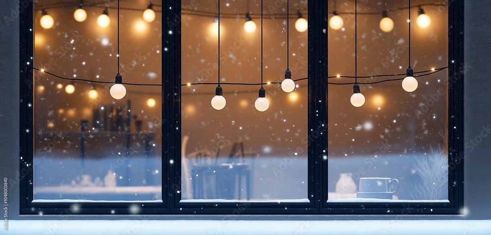 Poster a minimalist holiday window display with just a few simple string lights hanging in clean, straight 