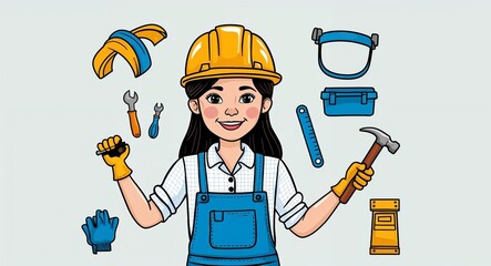 Hand drawing clipart of a girl engineer with a hard hat and tools on plain white background