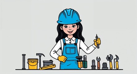 Hand drawing clipart of a girl engineer with a hard hat and tools on plain white background