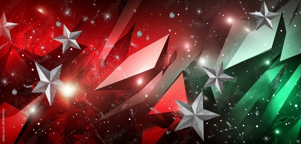 Poster a modern christmas abstract background with sharp geometric shapes in deep red and green tones, over