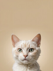 A cat sits against a plain background