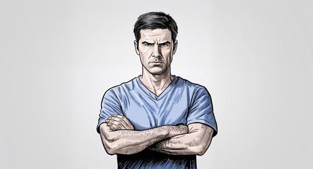 Hand drawing clipart of a man with a serious expression and crossed arms on plain white background