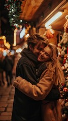 happy couple hugging at christmas market souvenir shop stall in evening, Crowd in the mall 