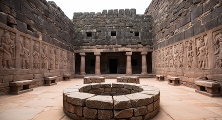 Ancient gathering hall with carvings on stone walls