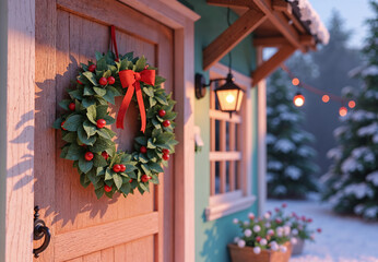 Christmas mistletoe on the door of the house in winter morning