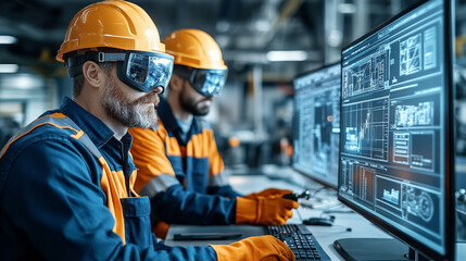 Industry 4.0: Two skilled engineers in protective gear work diligently on a control panel, the digital interface illuminating the workspace. They are focused on the task at hand.