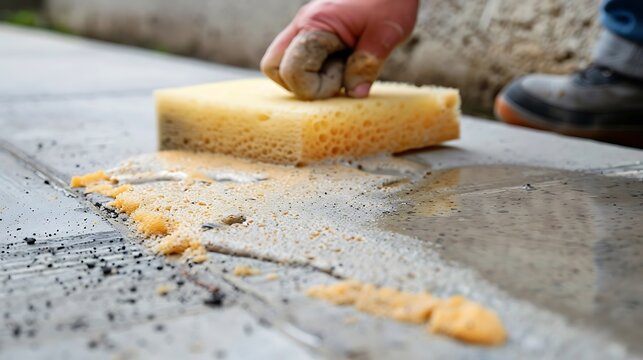 Wiping sidewalk cement with a soft sponge