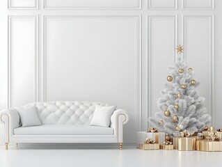 Elegant and Luxurious Christmas Living Room Scene with White and Gold Decor