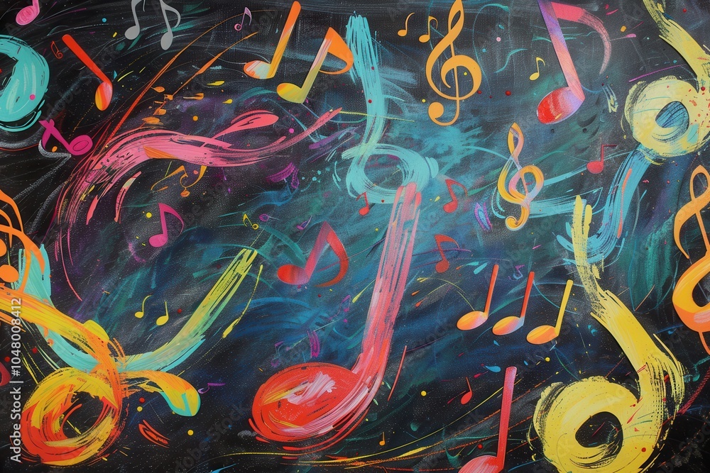 Aufkleber A vibrant chalkboard showcases an artistic blend of colorful brushstrokes intertwined with musical notes, creating an engaging atmosphere. Generative AI