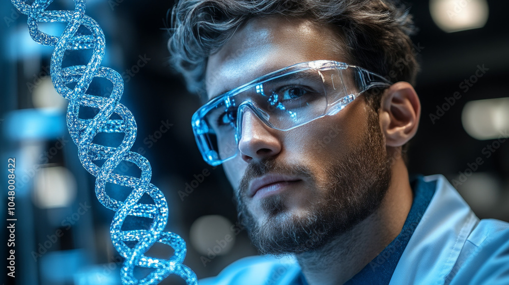Poster decoding the future: a scientist peers intently at a glowing dna helix, symbolizing the boundless po