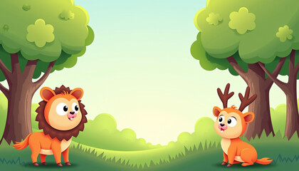 Fototapeta premium Cartoon forest background, simple trees with round leaves and animals with big eyes, cozy and friendly