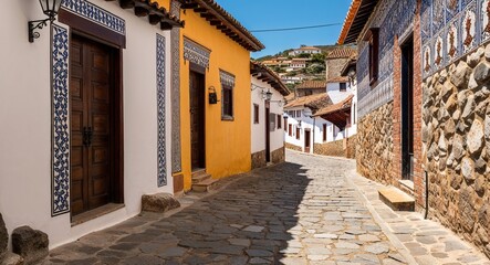Obraz premium Stone street with houses adorned with traditional patterns