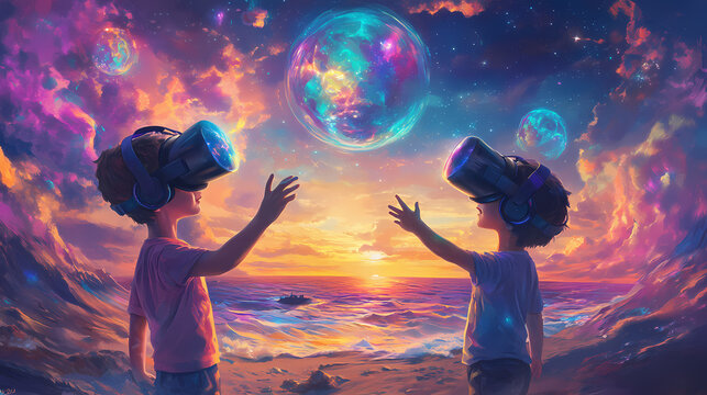 Two children wearing vr headsets reach for colorful cosmic visuals in a vibrant, dreamlike sunset by the sea. Cosmic Battle. Illustration