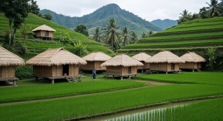 Village with bamboo huts and green rice terraces