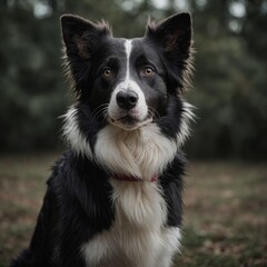 Fototapeta premium A black and white border collie in an alert stance, one ear perked.