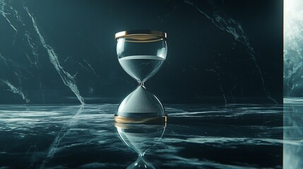A glass hourglass with gold accents sits on a dark marble surface, the sand slowly trickling through the bulb. The background is a dark marble wall.