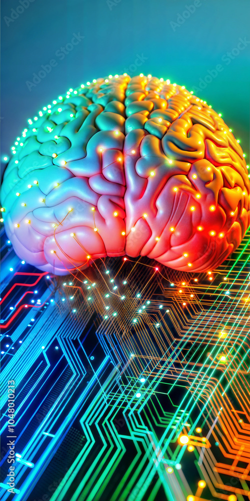 Poster futuristic brain with neural network and circuitboard lighting