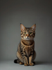 A cat sits against a plain background