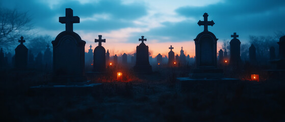 Obraz premium A haunting cemetery scene at dusk, with silhouettes of tombstones and glowing lanterns creating an eerie atmosphere in the fading light.