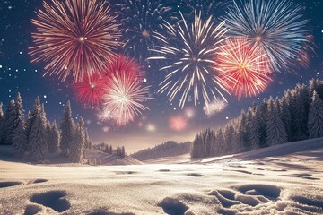 A peaceful winter landscape with a magical snowfall, illuminated by bright holiday fireworks in the sky. The snow glistens under the fireworks, creating a stunning contrast against the night.