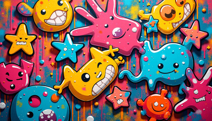 Fototapeta premium Cartoon graffiti background, bold, colorful spray paint patterns and playful doodles, edgy and vibrant