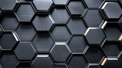 Fototapeta premium Hexagonal black tiles create modern, sleek pattern with glossy finish, adding depth and sophistication to any space. geometric design is both stylish and contemporary