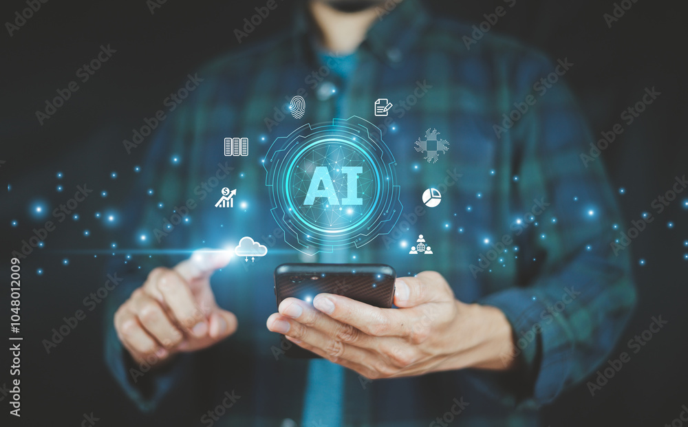Poster businessman using ai in cybersecurity to detect and prevent potential threats, safeguarding company 