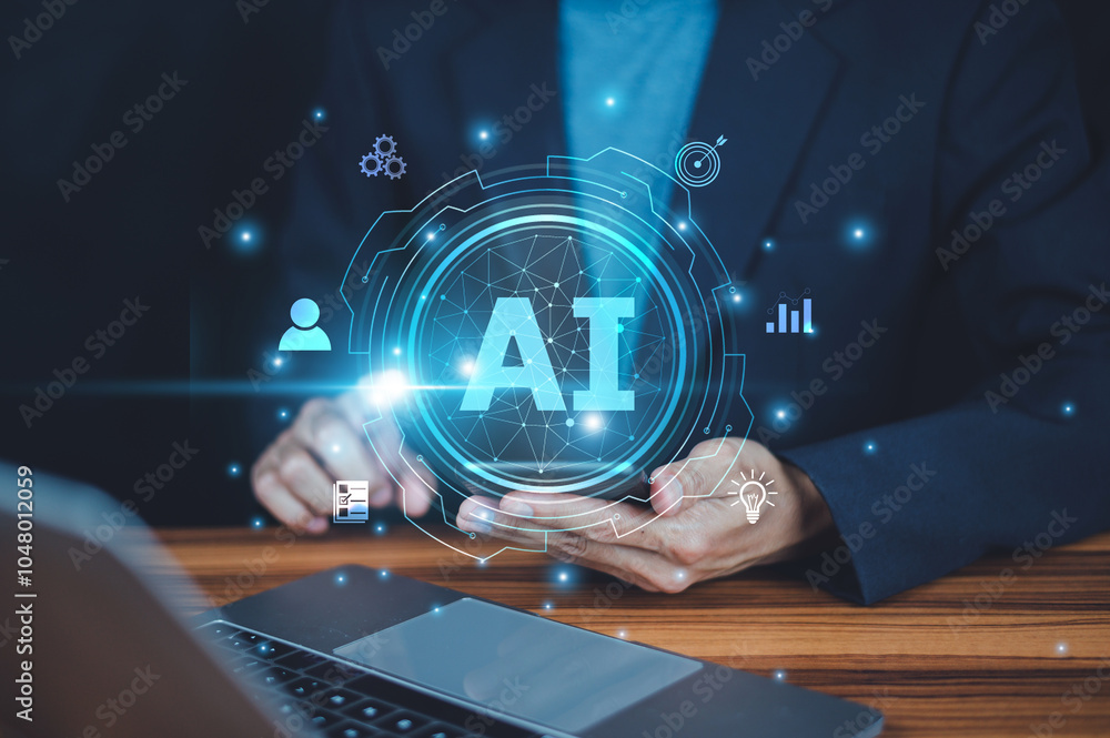 Poster businessman using ai in cybersecurity to detect and prevent potential threats, safeguarding company 