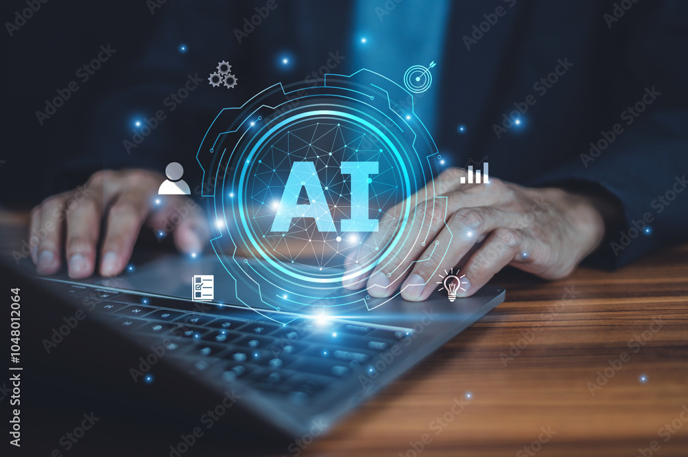 Poster businessman using ai in cybersecurity to detect and prevent potential threats, safeguarding company 