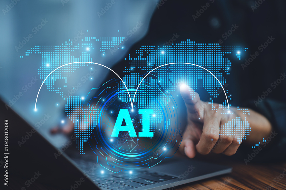Poster businessman utilizing ai in logistics management to optimize supply chain operations, reducing deliv