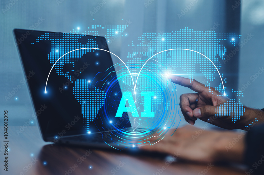Poster businessman utilizing ai in logistics management to optimize supply chain operations, reducing deliv