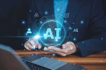 Businessman using AI in cybersecurity to detect and prevent potential threats, safeguarding company...