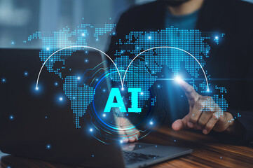 Businessman utilizing AI in logistics management to optimize supply chain operations, reducing...