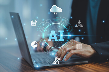 Businessman leveraging AI technology to monitor data privacy compliance, automating processes to...