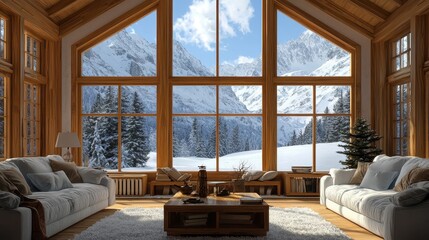 Obraz premium Cozy Mountain Cabin Interior with Winter Landscape View