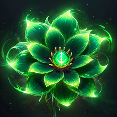A luminous green flower with intricate petals, radiating light and revealing a mystical symbol at its center. The background is a dark, almost black canvas, highlighting the flowers ethereal glow.