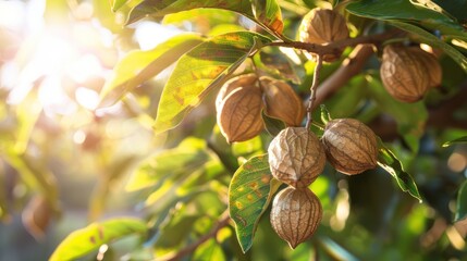 Sunlit Tree Branch with Brown, Papery Fruit and Green Leaves