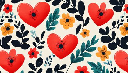 A vibrant and artistic pattern featuring red hearts, colorful flowers, and lush leaves on a soft beige background, perfect for love-themed designs.