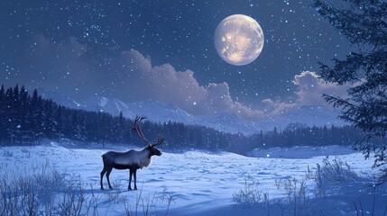 Reindeer in a Snowy Field Under a Full Moon