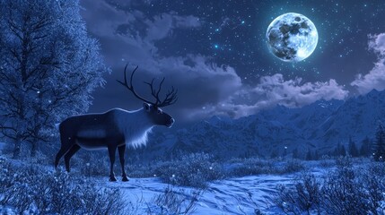 Reindeer Under a Full Moon in a Snowy Landscape