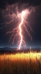 A dramatic lightning strike illuminates a golden field at night, casting a surreal glow against dark storm clouds and distant mountains, creating an awe-inspiring natural spectacle.